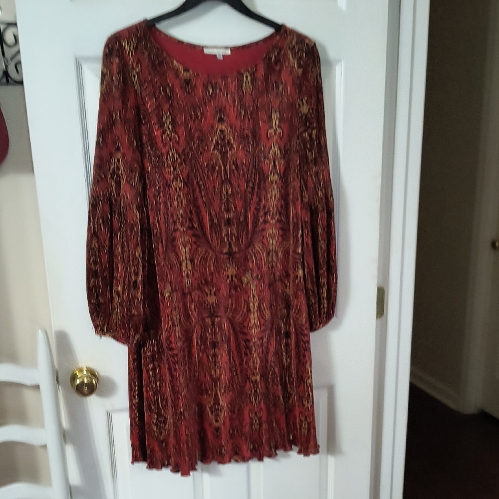 Red Pleated Long Sleeve Dress with Bishop Sleeves